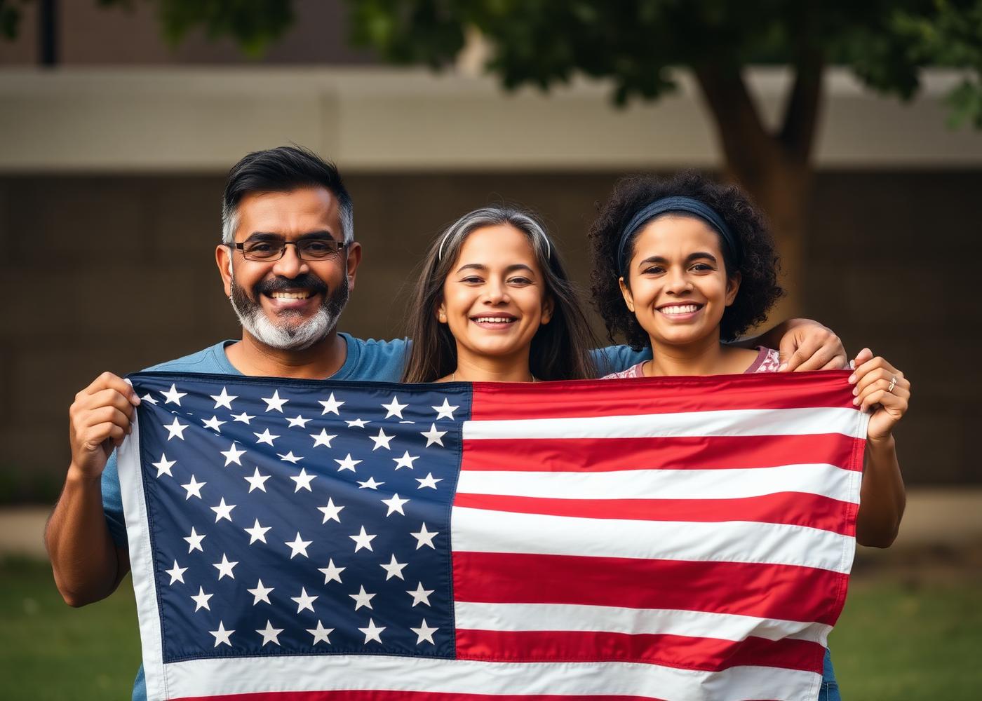 Family holding an American flag