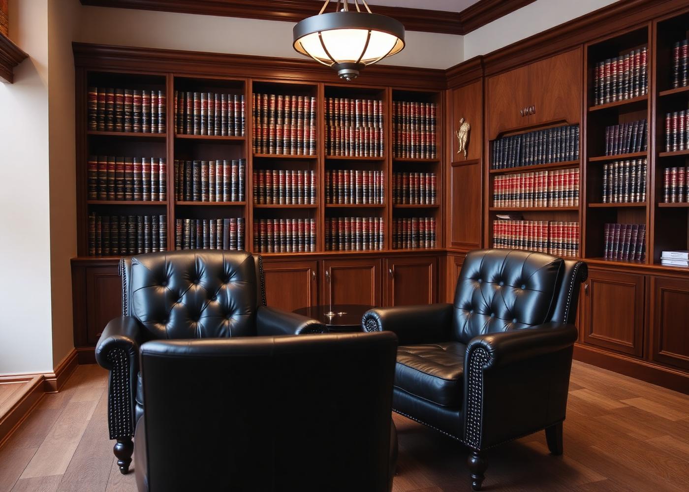 Elegant law office library with leather chairs