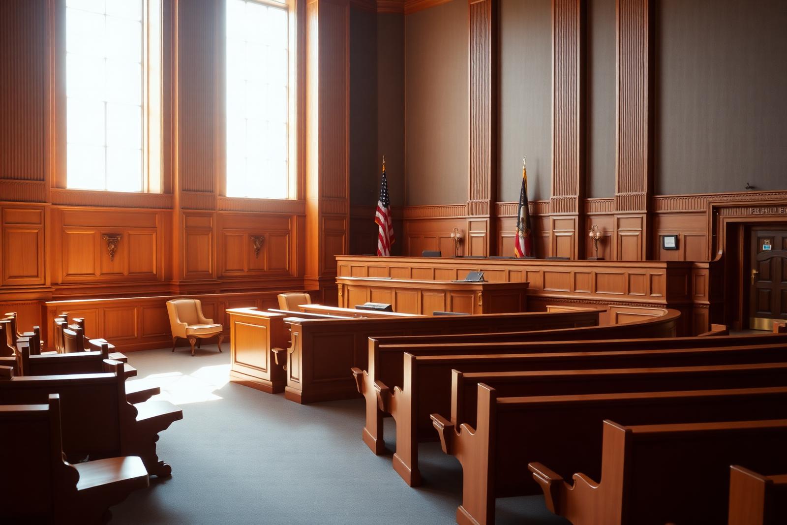 Empty courtroom with American flag