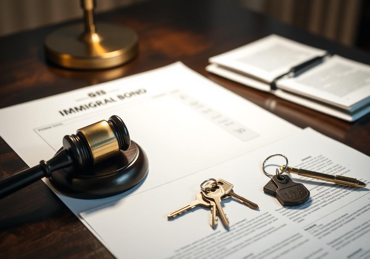Immigration bond paperwork on a desk with gavel and keys
