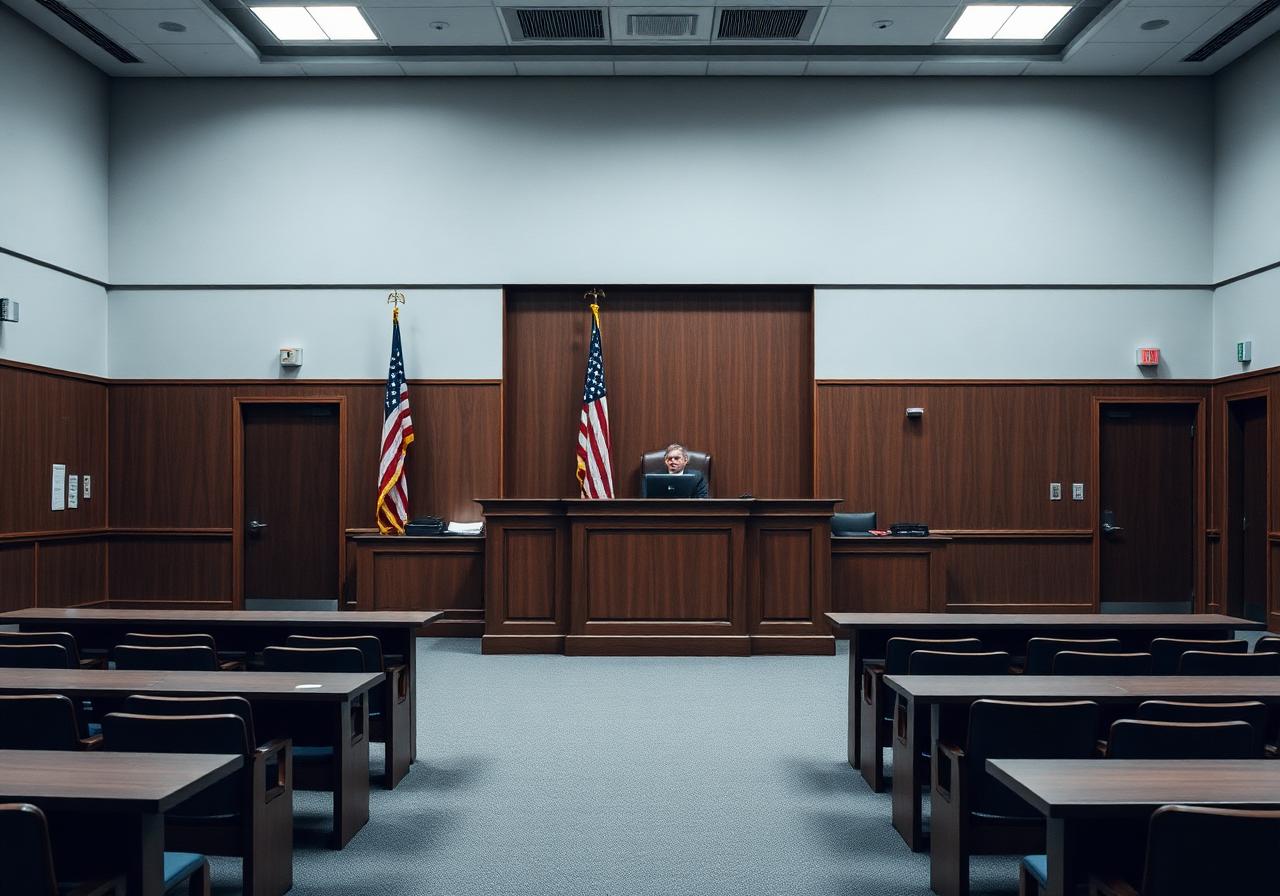Empty immigration courtroom with American flags