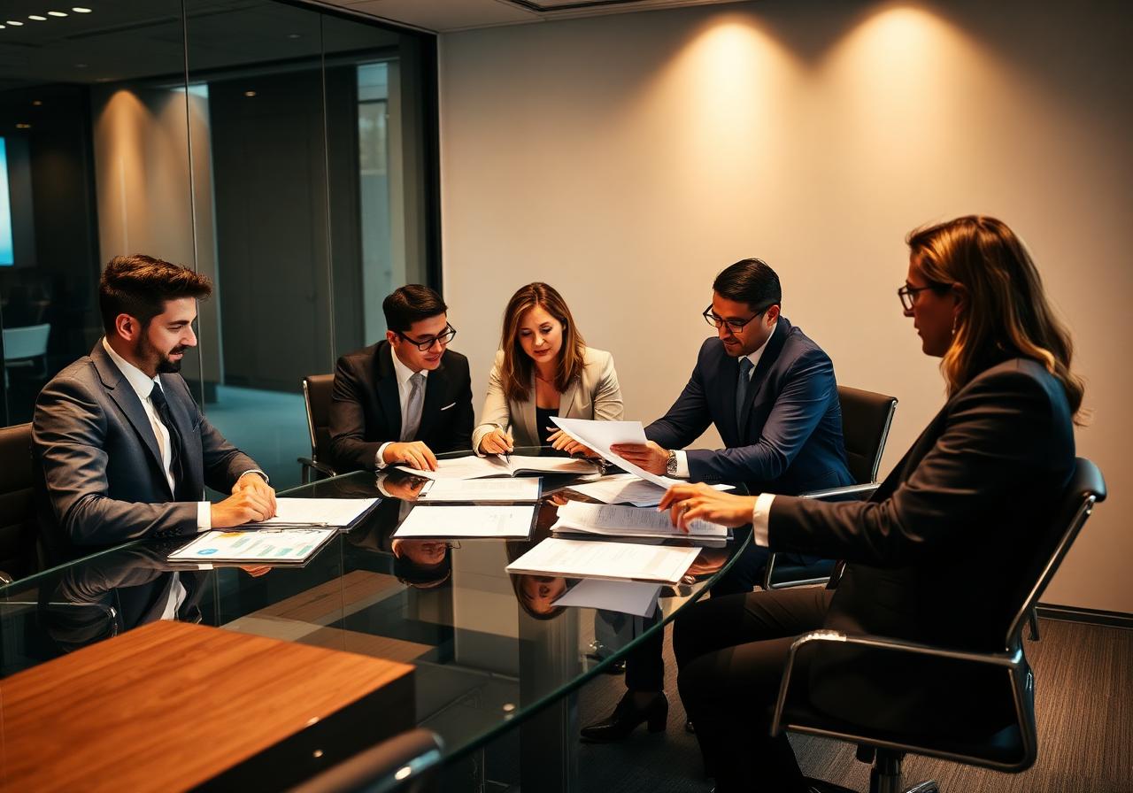 Investors and counsel reviewing EB-5 documents in a boardroom