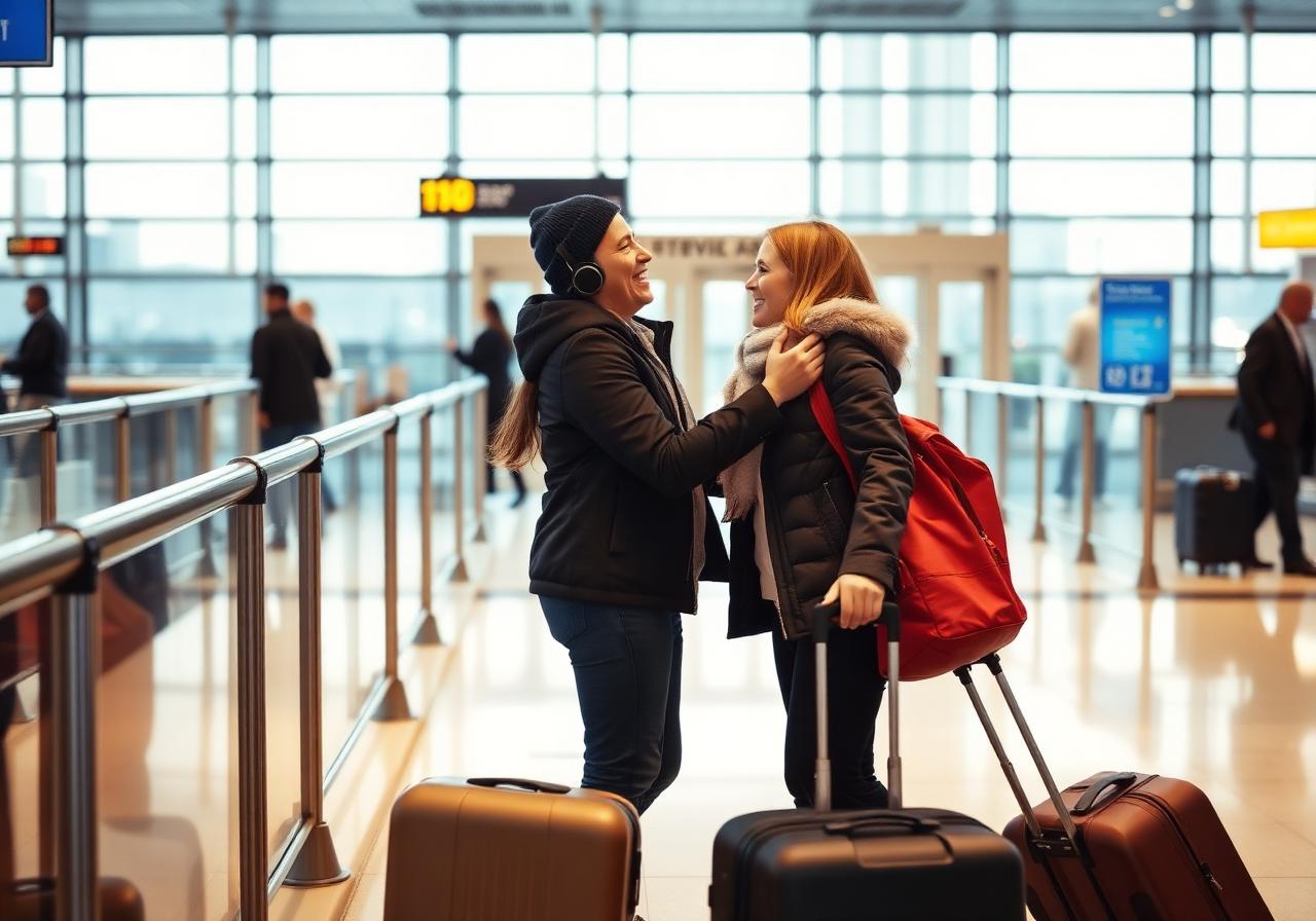 Couple reuniting at airport arrivals