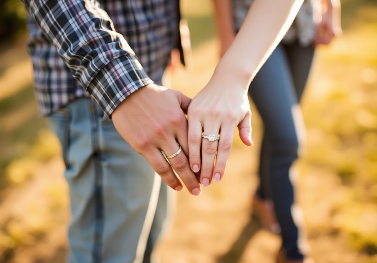Engaged couple holding hands with engagement ring