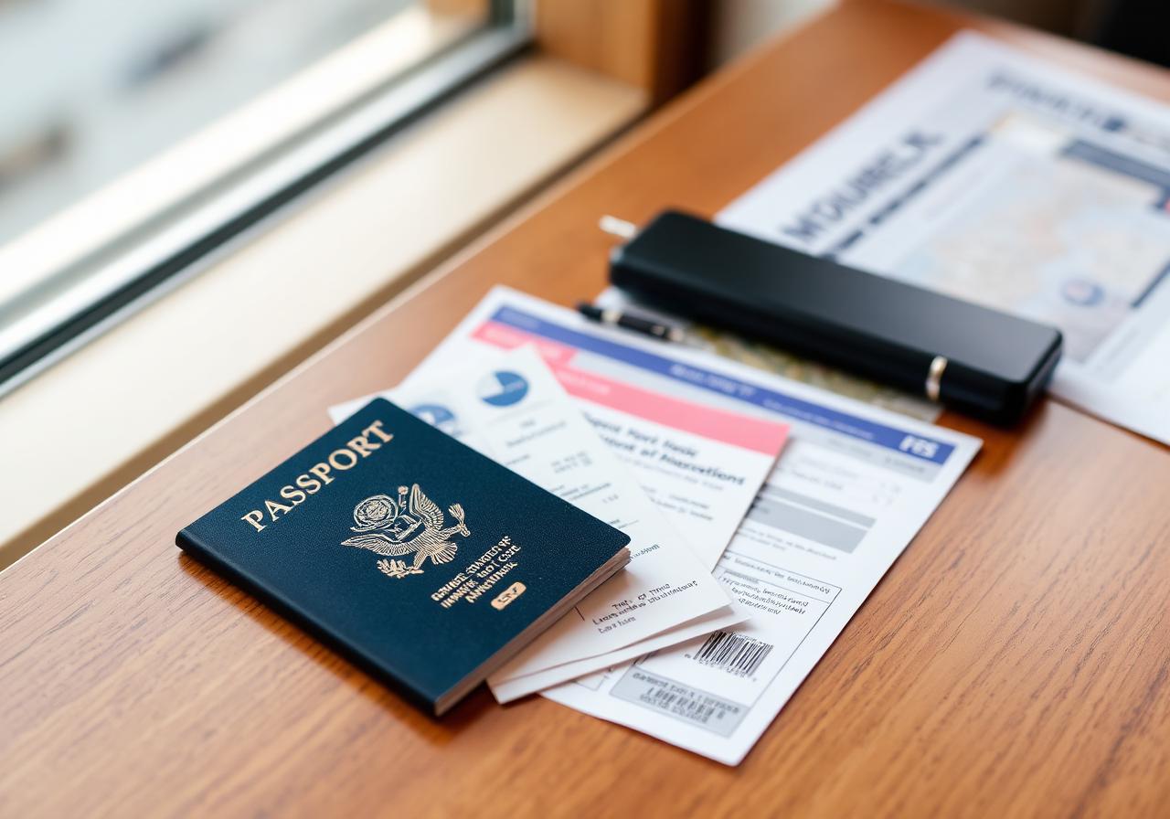 Passport and travel documents on a desk
